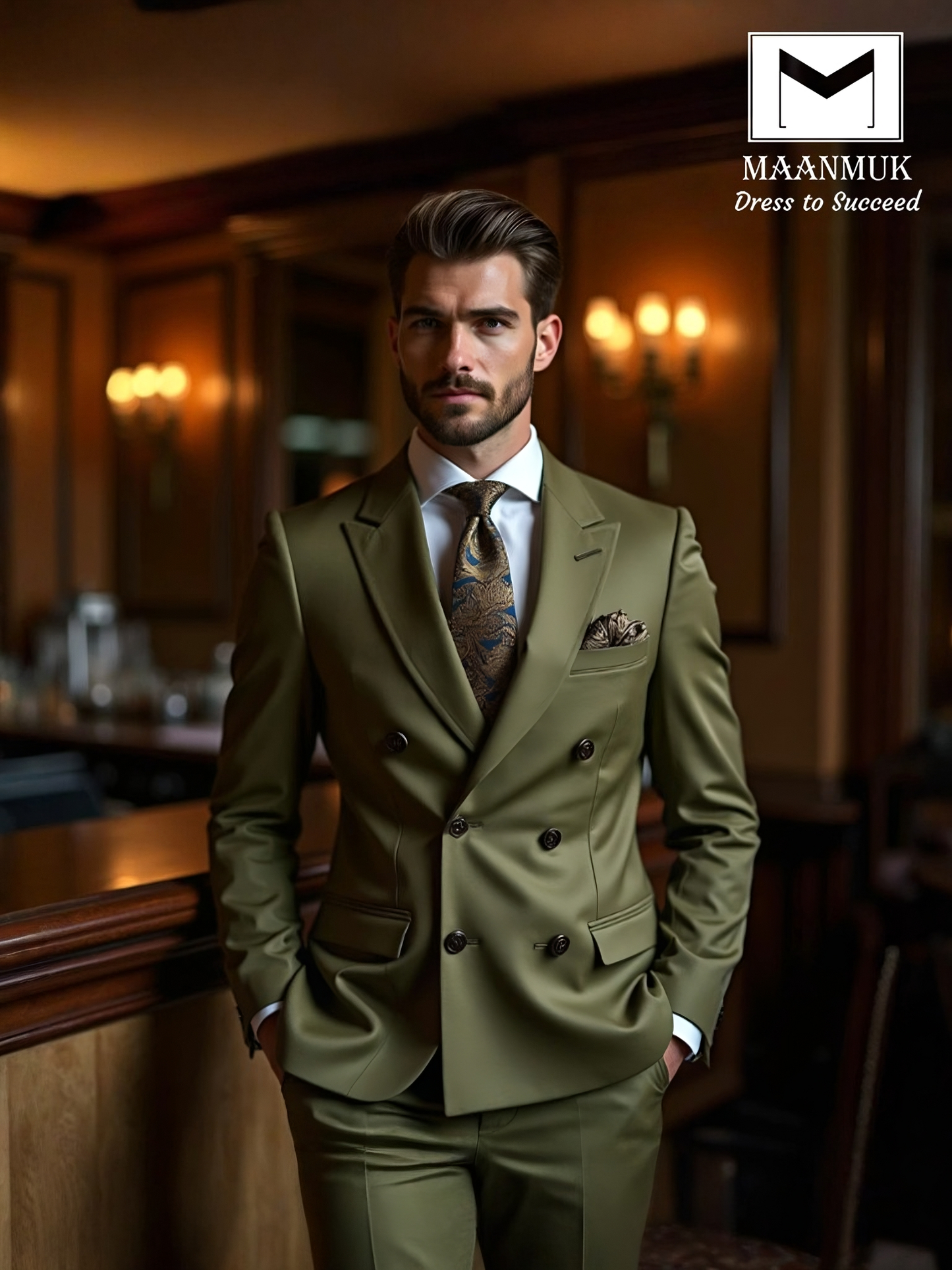 Olive Green Double Breasted Suit for Men