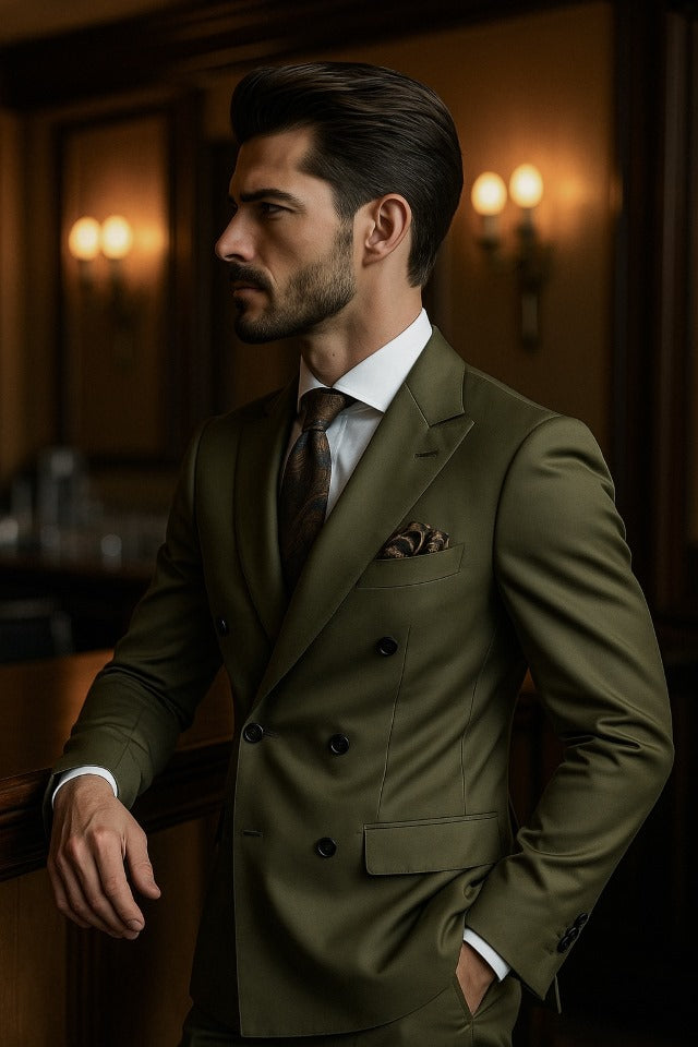 Olive Green Double Breasted Suit for Men
